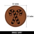 thumbnail image 2 of Crossed Candy Canes Christmas 2.5" Faux Leather Round Engraved Iron-On Patch - Brown, 2 of 6