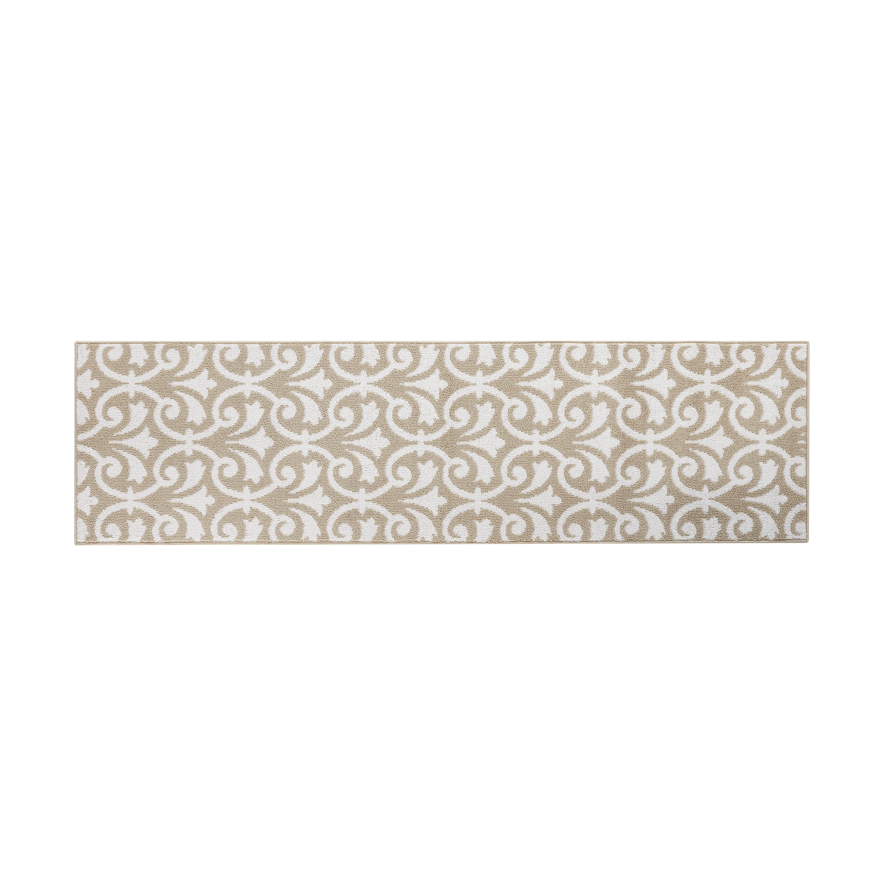 Washable Skid-Resistant Runner Rug, Floral Scroll, Beige and White, 26" x 72"