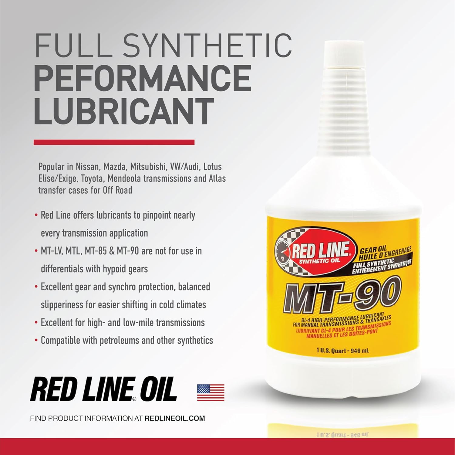 Red Line 50304 MT-90 75W-90 GL-4 Manual Transmission and Transaxle Lubricant (MTL)- 1 Quart