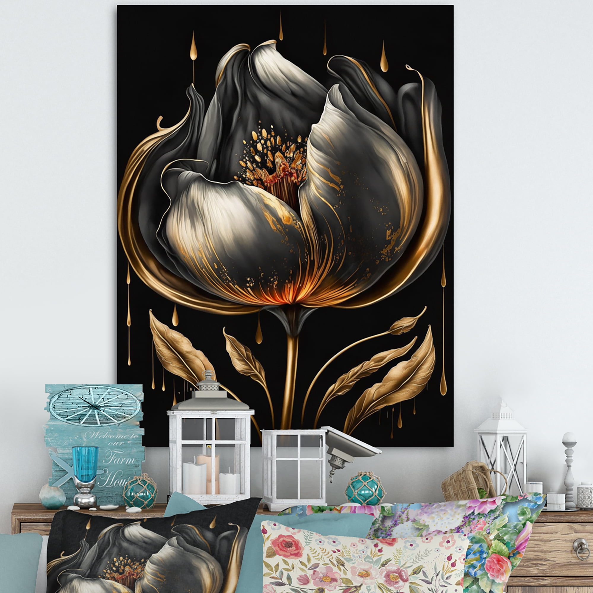 Designart Black And Gold Tulip Canvas Wall Art
