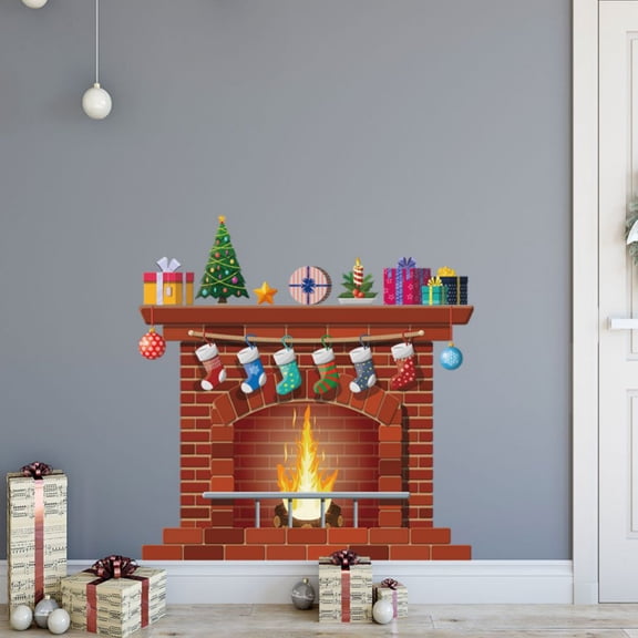 Christmas Fireplace Wall Sticker Decorative Decals Wall Art Peel and Stick Christmas Holiday Party Home Decoration Party Stickers