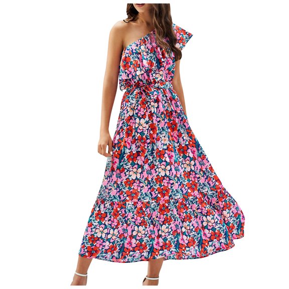 Lolmot Women's One Shoulder Maxi Dress Summer Sleeveless Casual Layered Ruffle Boho Floral Print A-Line Party Beach Dresses