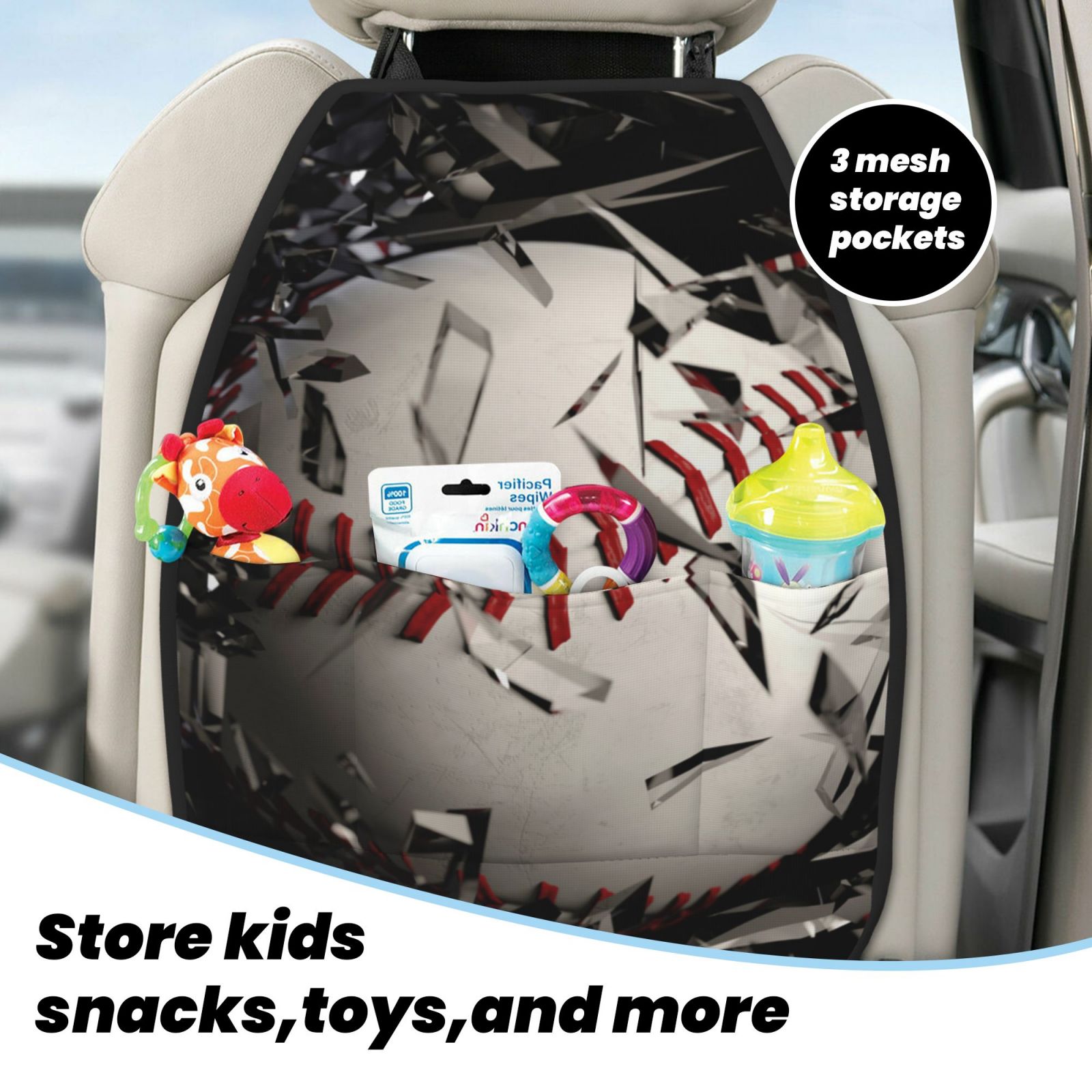 Kdxio Baseball Breaking Glass Print 2 Pack Car Kick Mat Seat Cover Back Protector Mat with Pockets for Organizer Backseat Protector and Storage Anti Kick Pad for Vehicles
