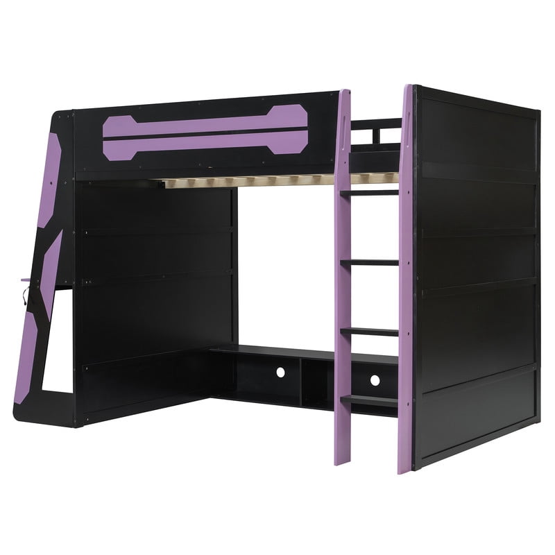 Full Size Loft Bed with Desk and RGB LED Lights, Wood Gaming Loft Bed Frame with Storage Shelves, TV Console Space and Multi-Functional Study Workstation for Teens Bedroom