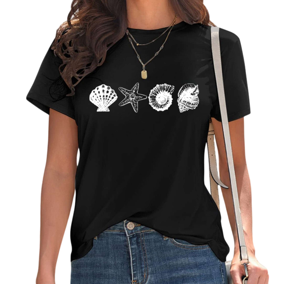 UNISHE Women's Seashell and Starfish Beach Minimalist Casual Crew Neck Short Sleeve T-Shirt Top