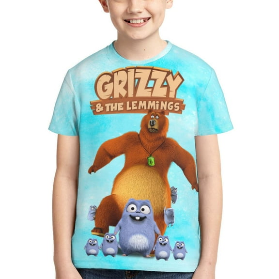Kids 3D Graphic Grizzy and the Lemming T-Shirts, Novelty Shirts Crewneck Short Sleeve Tees for Youth Boys Girls