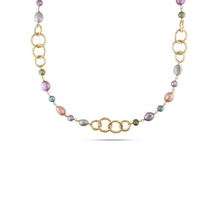 35' Diameter Color - Tangelo Multi-Color Freshwater Cultured Pearl Brass Hammered Link Necklace, 35