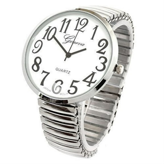 Silver super large face easy to read stretch band watch