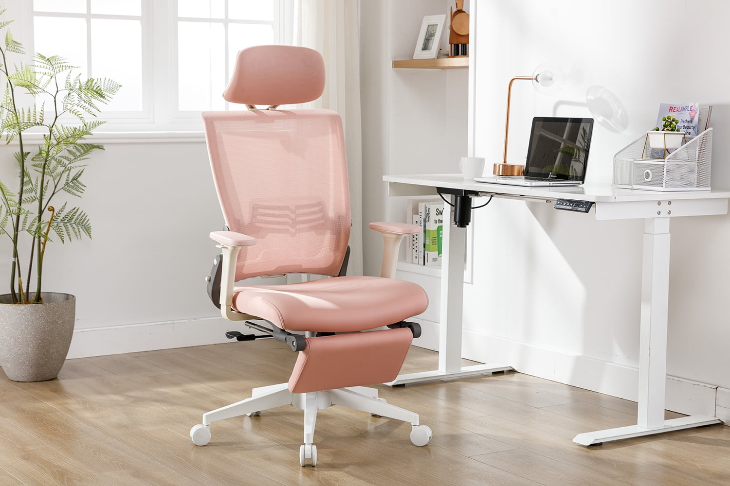 Hforesty Foldable Office Chair with Footrest,Pink Ergonomic Mesh Office