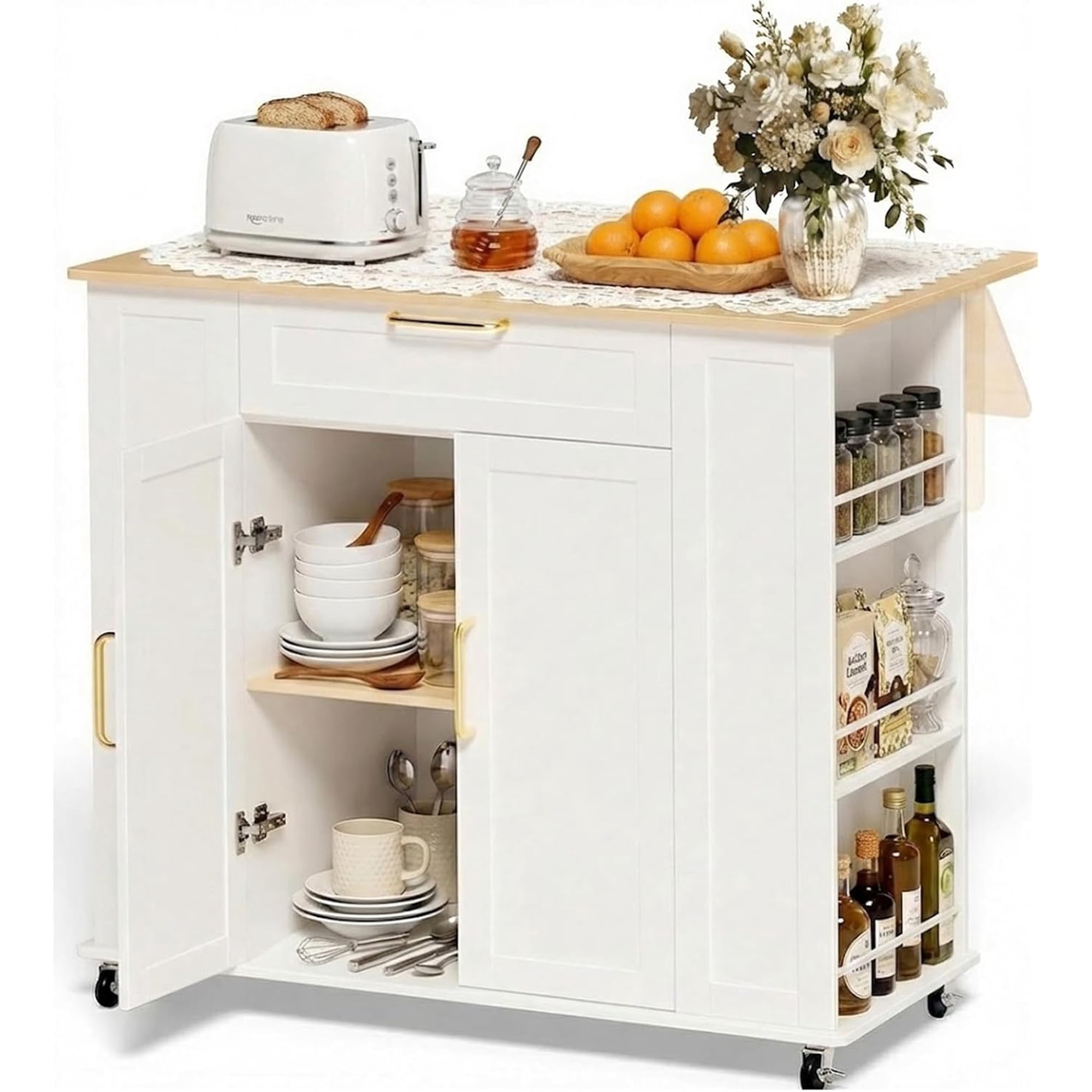 Rolling Kitchen Island Cart Mobile Storage Cabinet With Foldable Drop Leaf Portable Utility Dining Table Organizer With Adjustable Shelves Spice Rack And Wheels Modern Farmhouse Style White 1 Pi