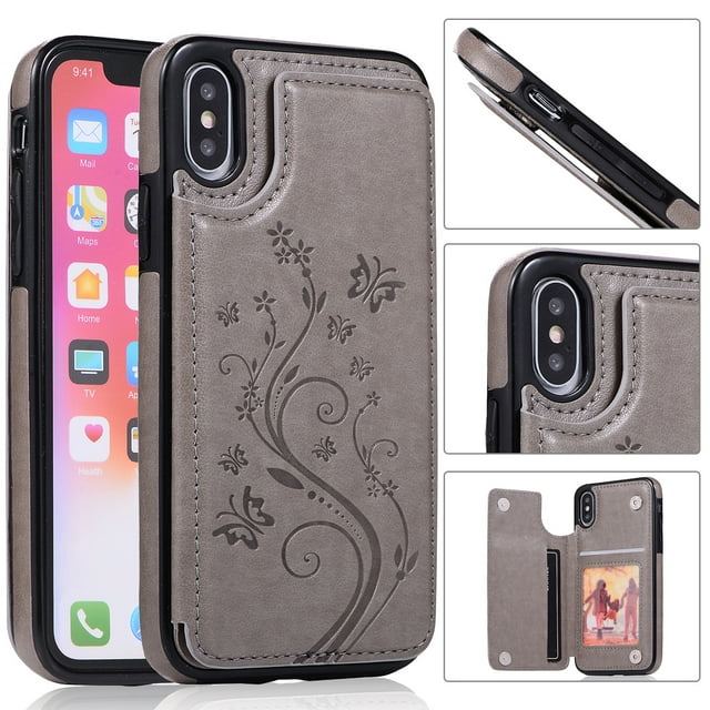 Compatible for iPhone 11 Wallet Case with Card Holder, Embossed Butterfly Premium PU Leather Double Magnetic Buttons Flip Shockproof Protective Case Cover for iPhone