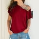 thumbnail image 2 of Camiseta informal holgada para mujer, mangas cortas, XXL, elegante top de verano de color rojo vino con hombros descubiertos, 2 of 6