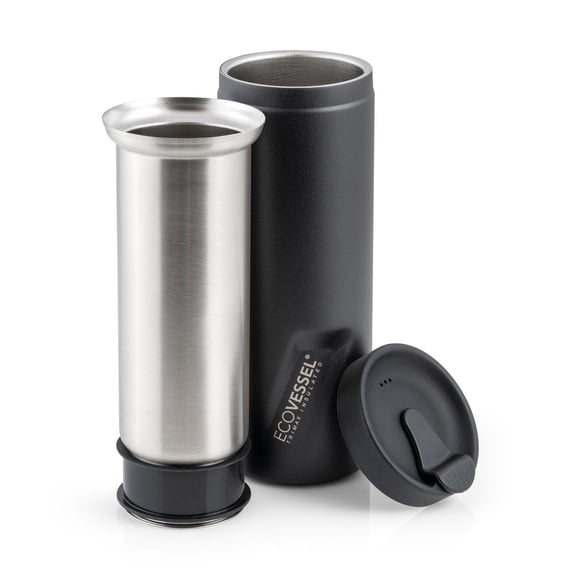 EcoVessel - Prensa francesa portátil, cafetera de viaje, aislada, acero inoxidable, botella reutiliz