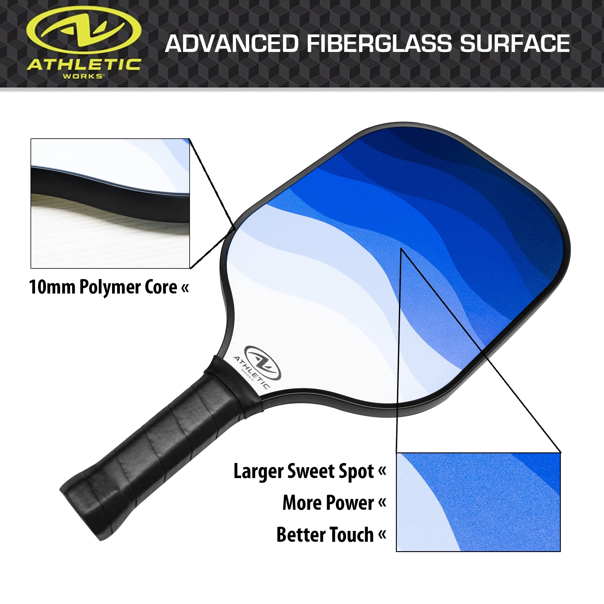 (2 pack) Athletic Works Fiberglass Pickleball Paddle, Blue Wave