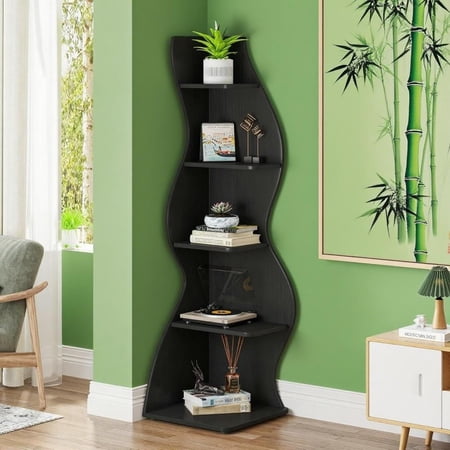 TopComfy 5 Tier Freestanding Bookshelf Adjustable Open Storage Bookcase Modern Space Saving Vertical Display Organizer Rack Durable Shelving Unit for Home Office Black