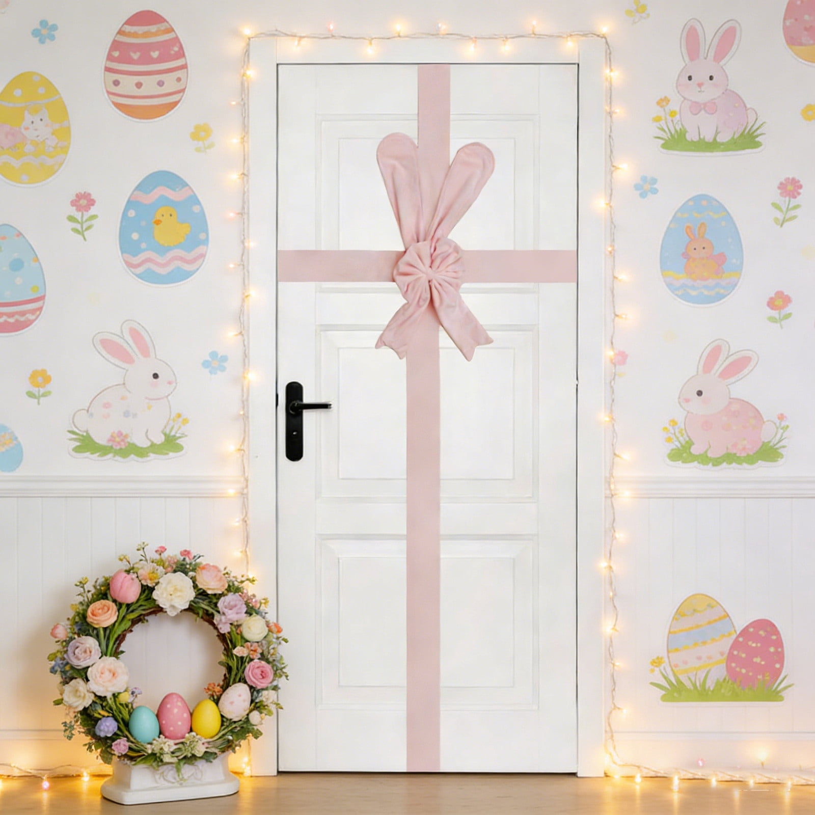 Easter Bunny Door Hanger with Floppy Ears and Bow Decorative Plush for Entry Cabinet Mantel Handle Spring Home Decor
