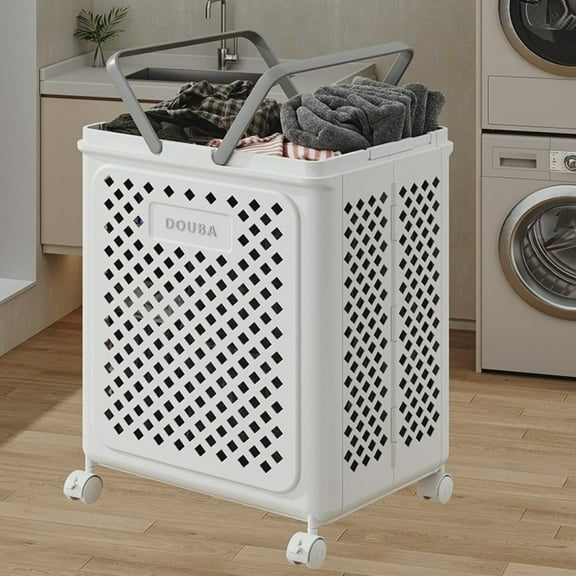 COSTYLE Collapsible Laundry Basket with Wheels and Handle, Plastic Foldable Laundry Hamper, Versatile Portable Storage Basket, Durable and Practical for Laundry and Bathroom