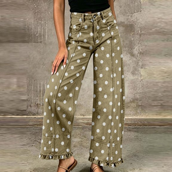 Wide Leg Jeans for Women High Waisted Ruffle Hem Jeans Lightweight Polka Dot Loose Casual Denim Pants Travel Vacation Outfits