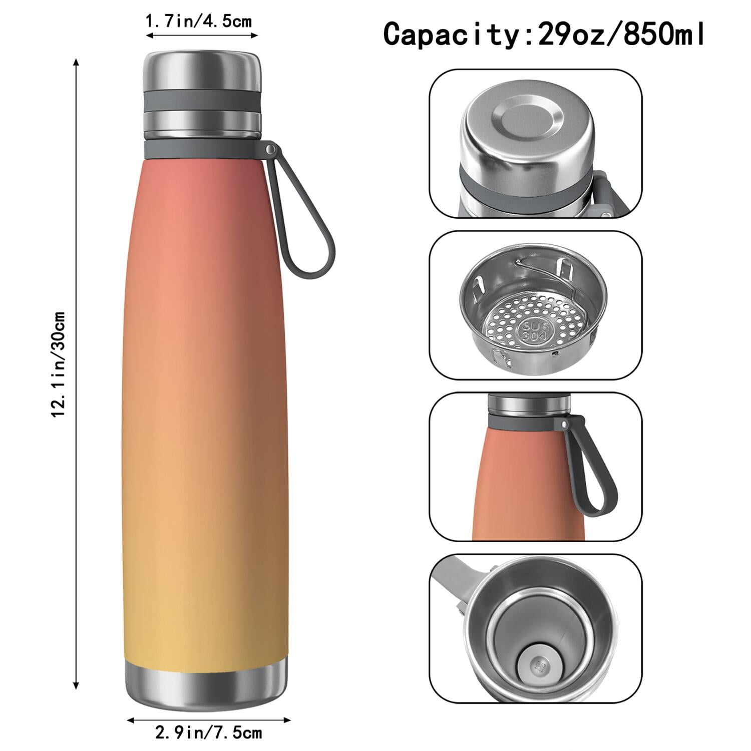 29oz Insulated Water Bottle with Tea Infuser, Stainless Steel Travel Mug, Colorful Gradient Print