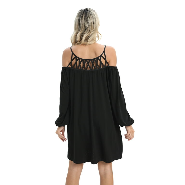 Women's Off The Shoulder Lantern Long Sleeve Dress Round Neck Loose Mini  Dress Spring Casual Black Short Dresses Pullovers Tee Shirt Dress,S-2XL -  Walmart.com
