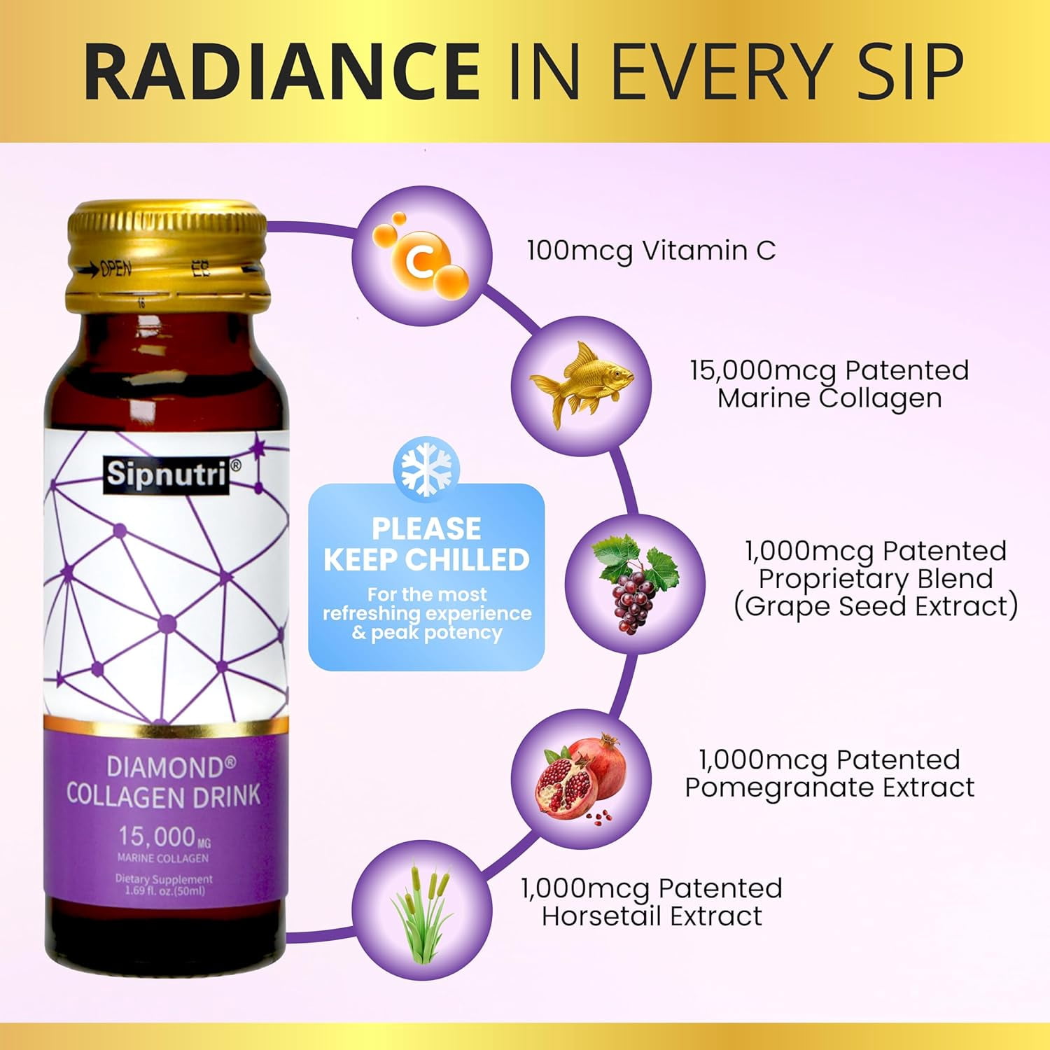 Sipnutri Liquid Marine Collagen Drink 15000mg, Hydrolyzed with Vitamin C & Pomegranate -Grape Flavor, 50ml x 10 Bottles