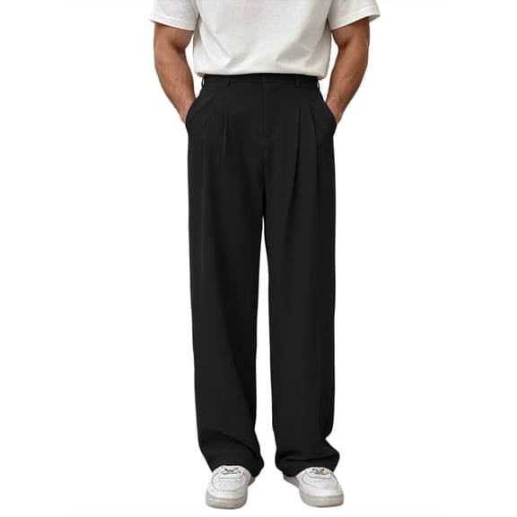 Dpjklzsn Men's High Waist Wide Leg Dress Pants with Button Detail, Pleated Front for Office and Everyday Outfits