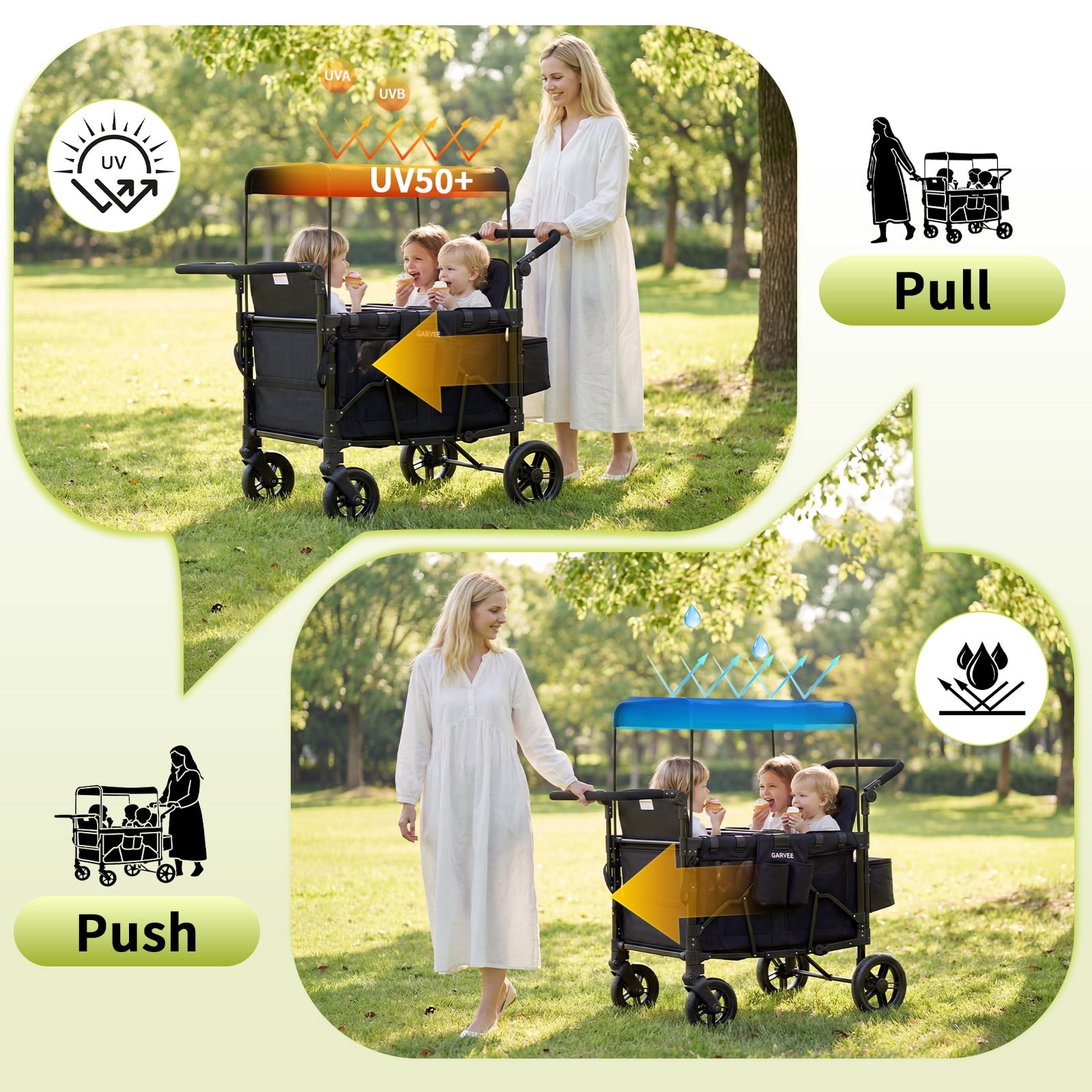 4-Seater Kids Wagon Stroller with Canopy, Foldable Push & Pull Wagon with 5-Point Safety Harness, 360° Wheels, Large Storage Bag, Heavy Duty Outdoor Wagon for Camping, Beach & Garden (Black)