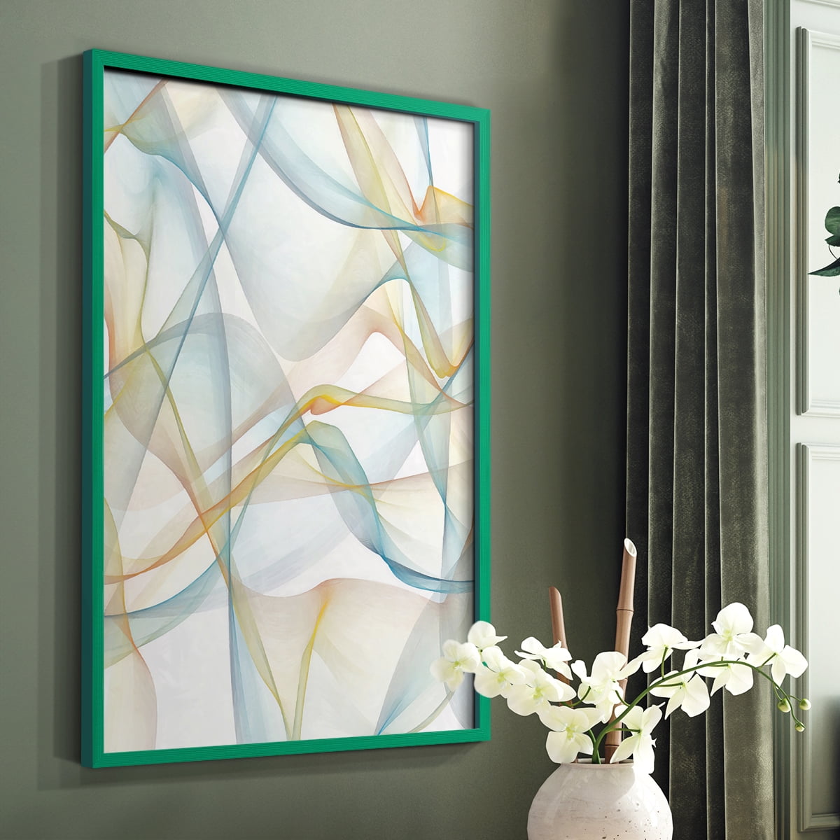 Curves and Waves IV Framed Print in Green Solid Wood Framed Print No Nail Hanging