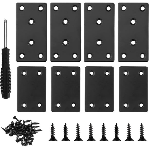 Qucyy Flat Mending Plates, 8 Pcs Black Metal Flat Straight Mending Plates, Joining Fixing Brackets, Flat Fixing Corner Brace Plates for Wood, Shelves, Furniture, with 40 Pcs Screws, Screwdriver Black