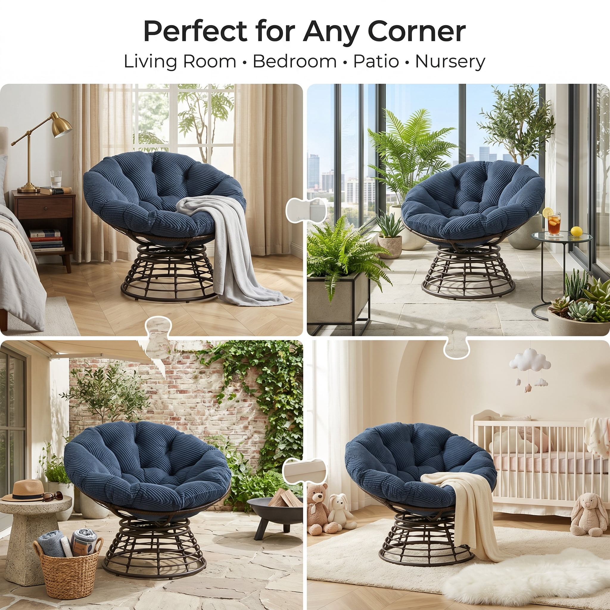 360° Swivel Wicker Papasan Chair with Ergonomic Over-Stuffed Cushion, Modern Rattan Saucer Chair for Living Room & Bedroom