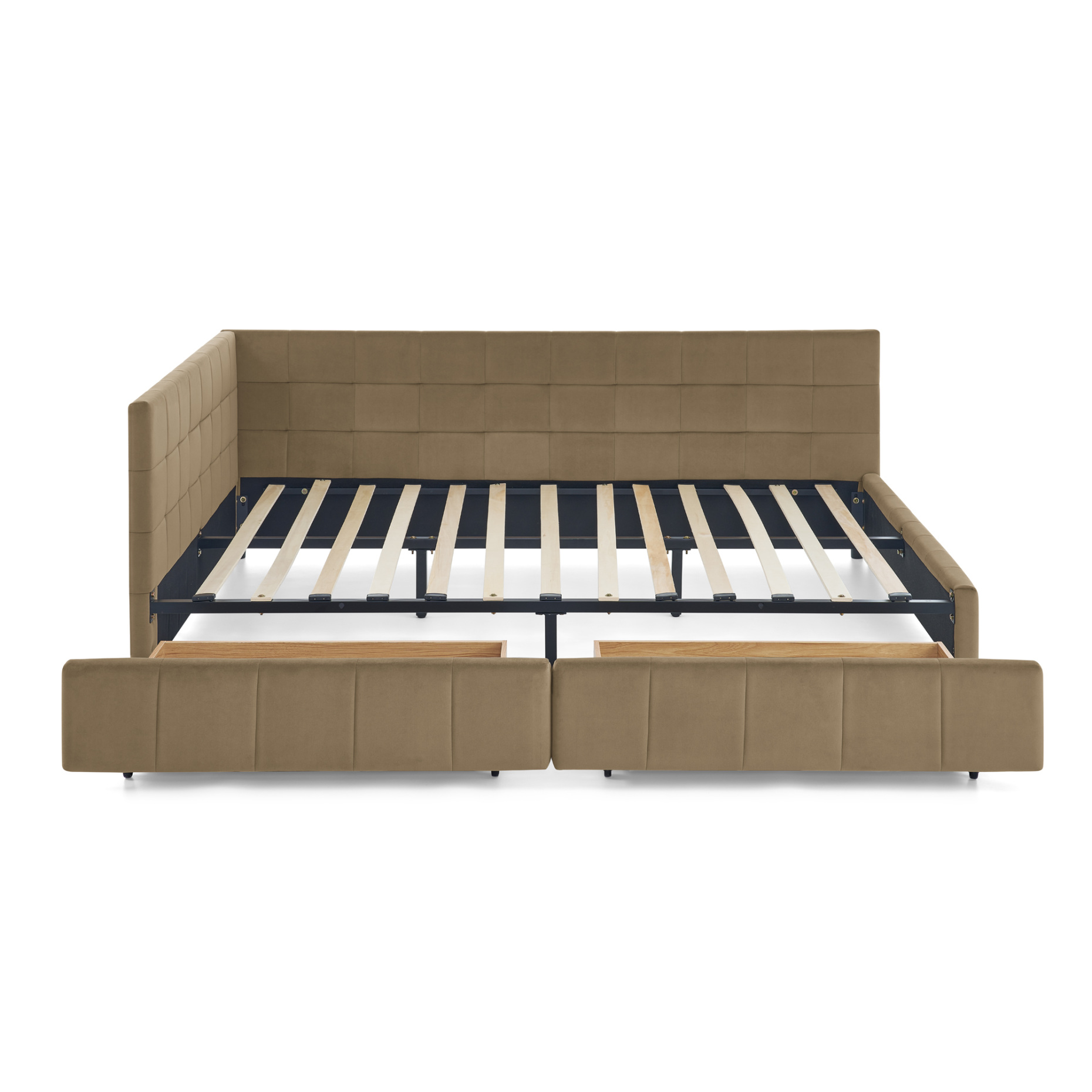 Queen Size Storage Upholstered Tufted Bed Frame with 2 Storage Drawers, Sofa Bed Frame with Comfortable Backrest and Armrests, Velvet Platform Bed for Bedroom, Living Room, No Box Spring Needed, Brown
