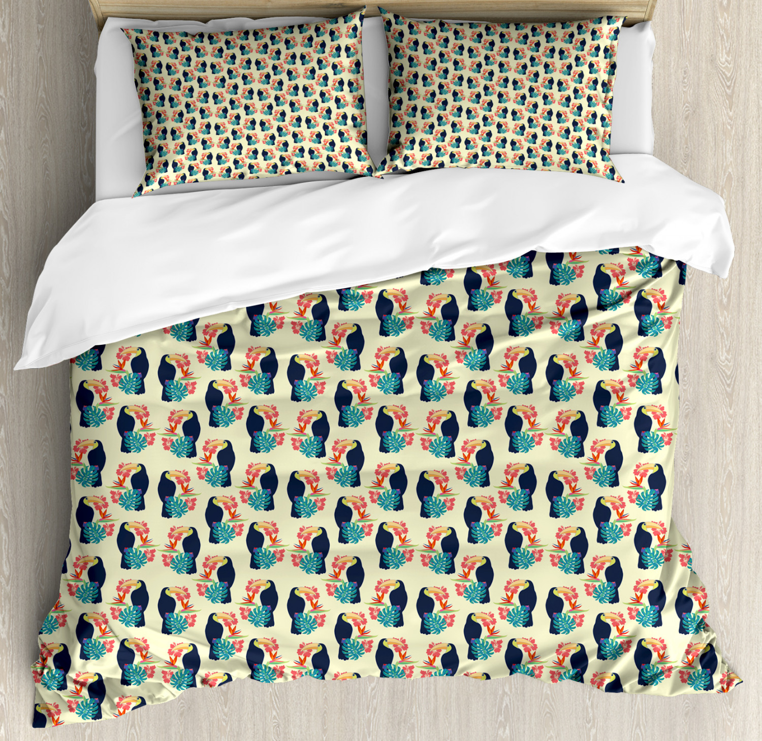 Tropical Duvet Cover Set, Exotic Repetition with Toucan Bird Hibiscus