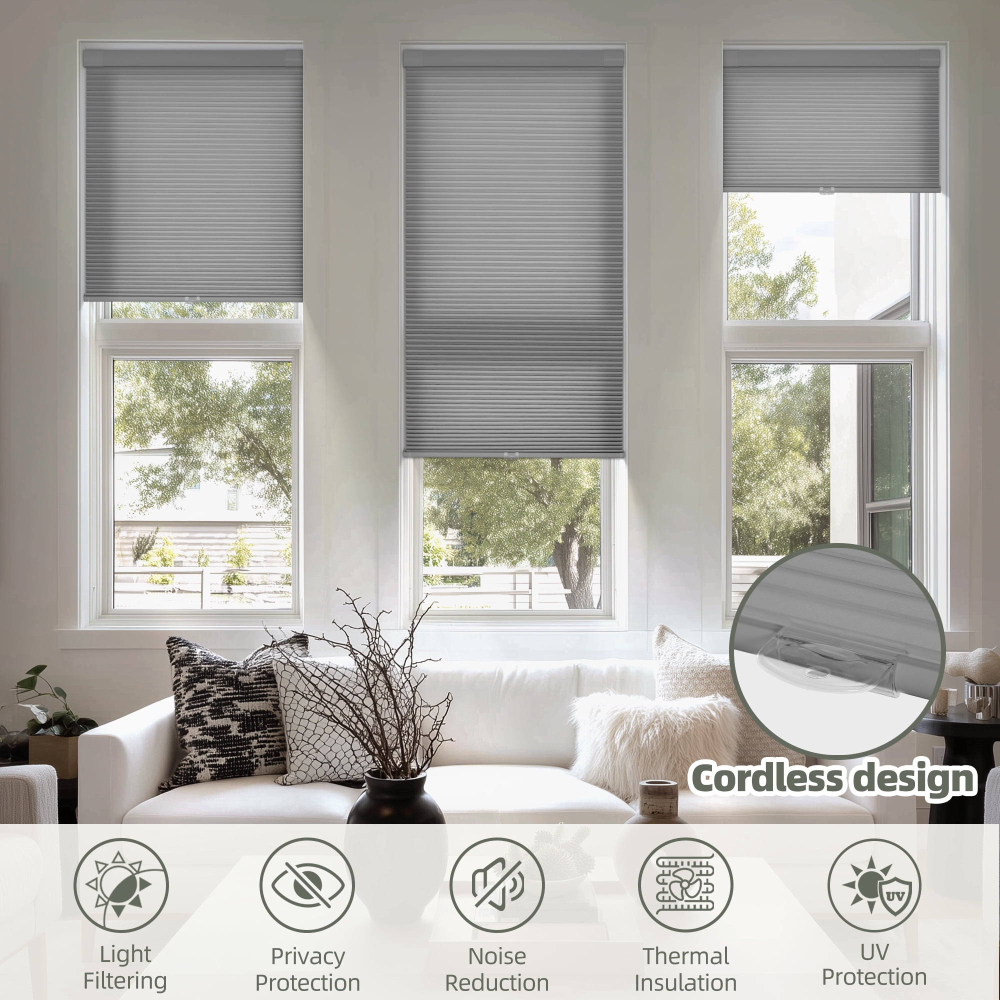 BERISSA Cordless No Drill No Tools Cellular Shades, Light Filtering Pull Down Window Blinds,Gray,38" W x 64" H