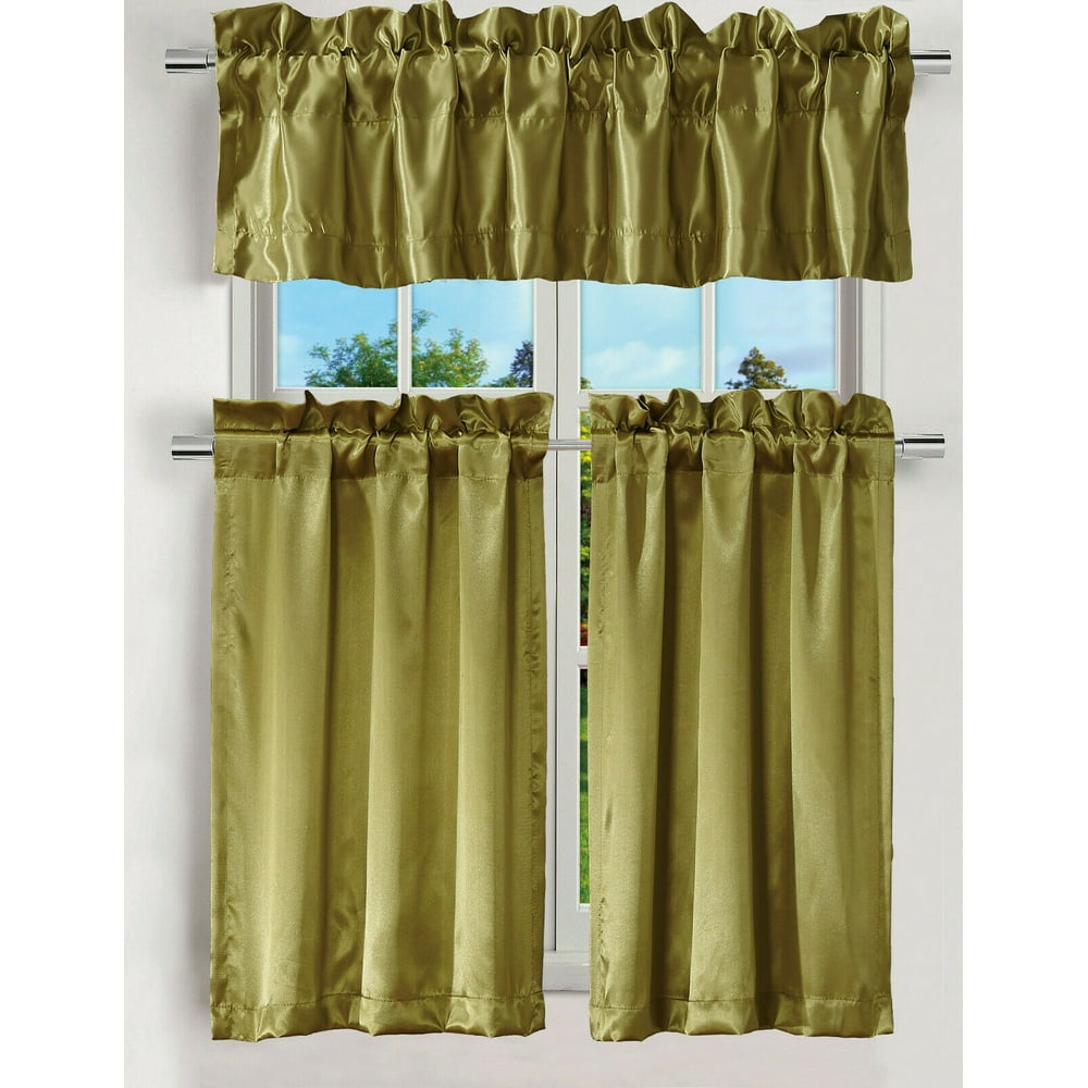 LUXURY 3PC KITCHEN CURTAIN SAGE SATIN COLOR CURTAIN VALANCE AND TIERS