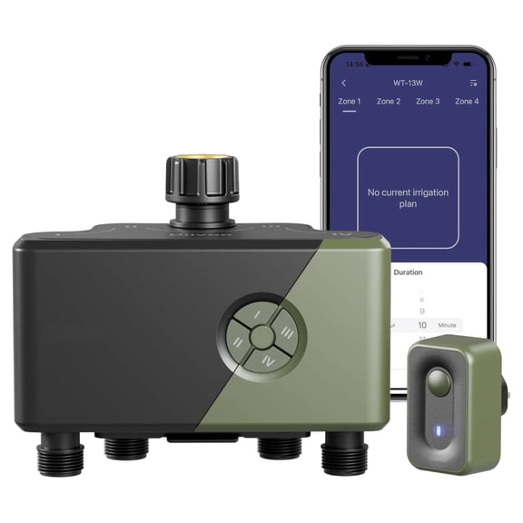 Smart WiFi Sprinkler Timer, 4 Zone Automatic Irrigation System with Rain Sensor & Easy Setup, Outdoor Water Timer for Lawn Garden Yard