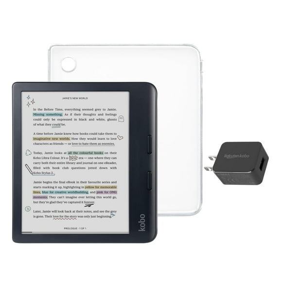 eReader Kobo Libra de color negro con paquete de funda y adaptador de corriente alterna