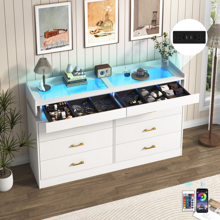 modern dresser with jewelry drawer Modern 1200mm 4 Drawer Dresser with Light Closet Island with Jewelry Storage & DoorsHomary