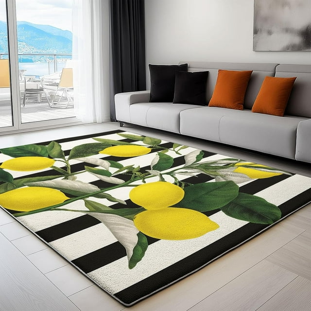 Area Rugs Plant Lemon Tree Stripes 2 x 3 ft Washable Rugs for Living Room, Durable Low Pile Non-Slip Carpet Yellow, Ideal for High Traffic Areas in Bedroom, Living Room, Kitchen