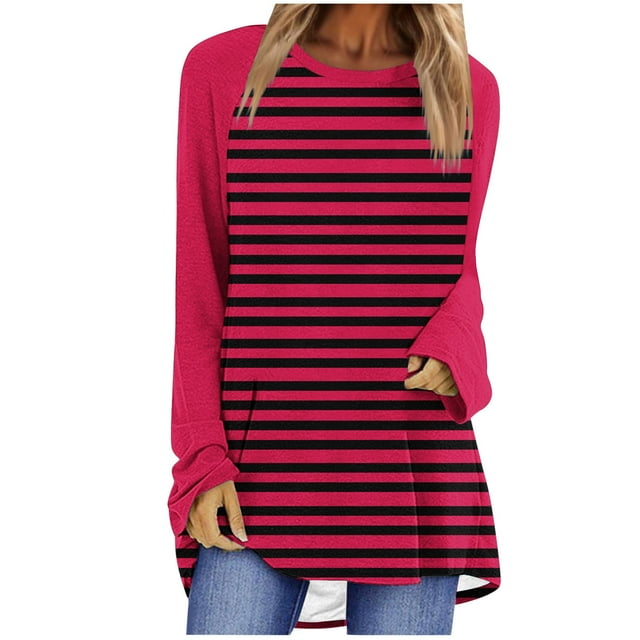 Blouses Habillées Décontractées pour Femmes, Chandail en Molleton Rayé Surdimensionné à Manches Longues Raglan, Col Rond, chandail-Over Automne 2024, Tunique Ample, S-109 Vin TTG