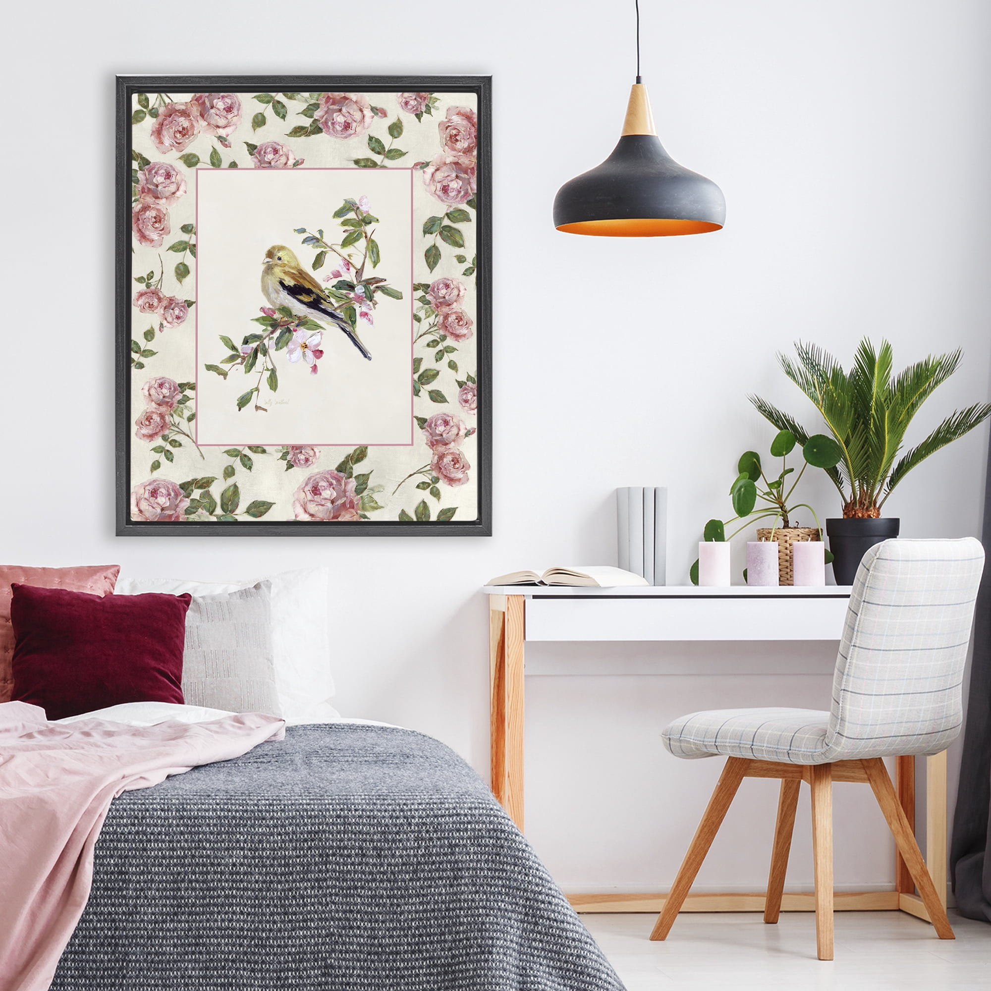 Stupell Industries Perched Bird with Dainty Roses Black Framed Floater Canvas Wall Art, design by Sally Swatland