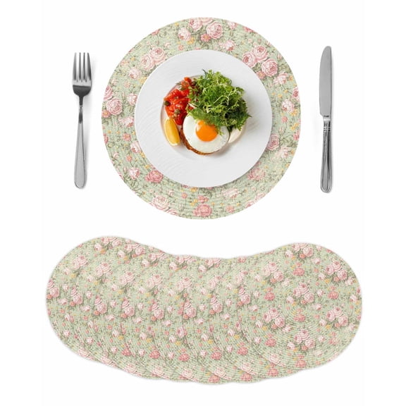 Pink Flowers Round 13 Inch Placemats Set of 8, Green Country Botanical Floral Leaves HeatResistant Non Slip Place Mats for Dining Table, Wipeable Braided Kitchen Table Mats for Housewarming