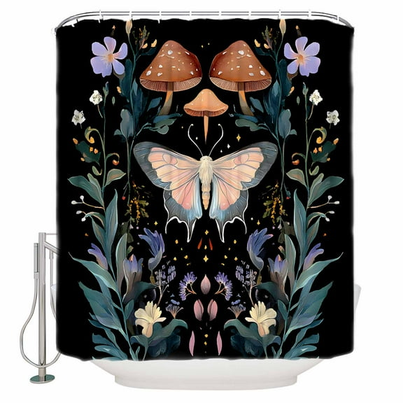 Extra Long Shower Curtain 72x84 Inch, Black Butterfly Spring Shower Curtain Waterproof Bathroom Decor Summer Botanical Watercolor Fabric Bath Curtain Set Accessories with Hooks