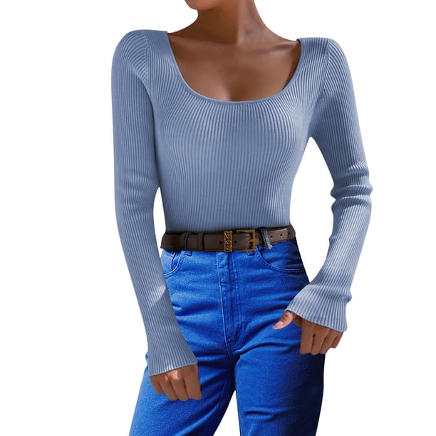 Gibobby Suéter Divertido Suéter de punto con cuello en U de color sólido para mujer Suéter de cuello con fondo (Azul, S)