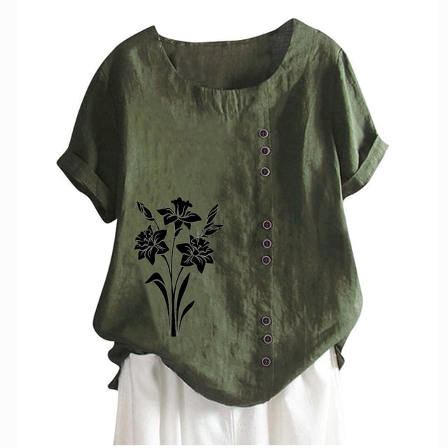 Blouses pour Femmes, T-Shirt à Boutons Imprimé Décontracté Mode d'Été pour Femmes à Col Rond et Manches Courtes
