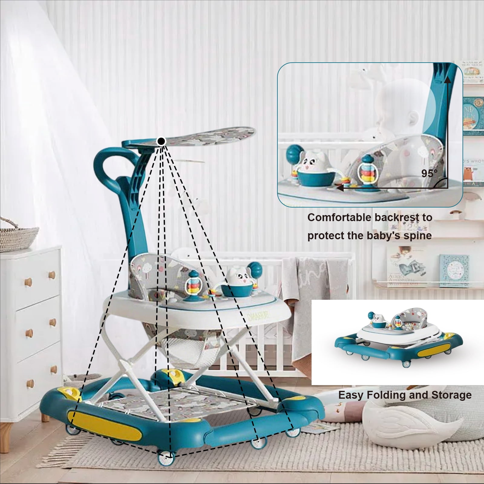 ManyFun Baby Walker, 6-in-1 Multi-functional Foldable Push Walker, 6-24 Months, Green