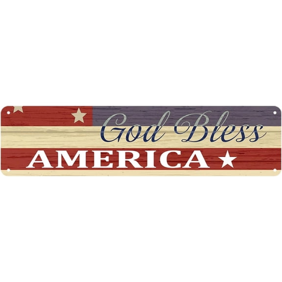 Patriotic Metal Tin Wall Sign Vintage Americana Man Cave Decor With American Flag God Bless America Design 4x16 Inch for Indoor or Outdoor Use