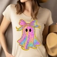 thumbnail image 4 of Rainbow Glitter Ghost with Bow Cute Halloween Graphic T-Shirt, Azalea, Size 2XL, 4 of 6