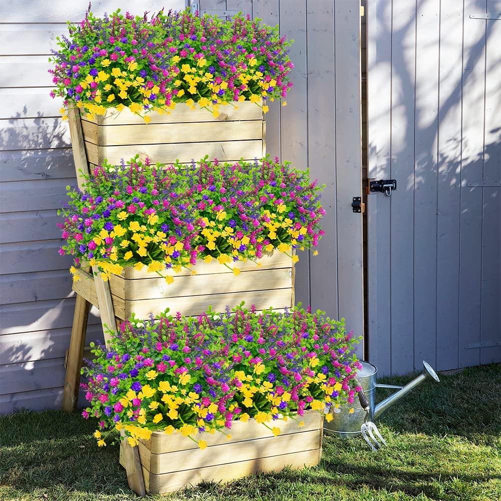 16 Bundles Outdoor Artificial Flowers UV Resistant Fake Boxwood Plants, Faux Greenery for Indoor Outside Hanging Plants Garden Porch Window Box Home Wedding Farmhouse Décor (Mix Color)
