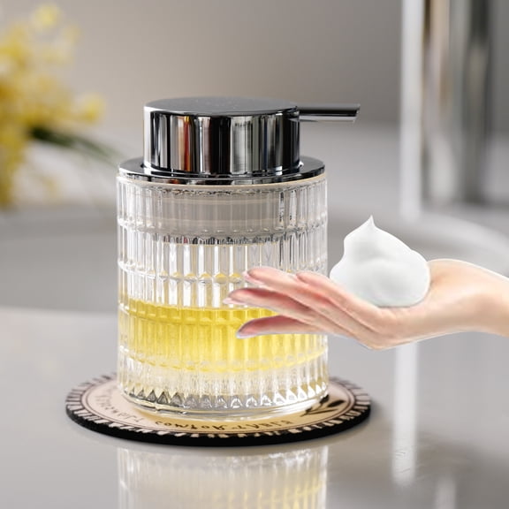 Sofinny Glass Foaming Hand Soap Dispenser for Kitchen & Bathroom, Refillable Lotion Dispenser with Large Silver Pump(Striped Pattern-Clear)