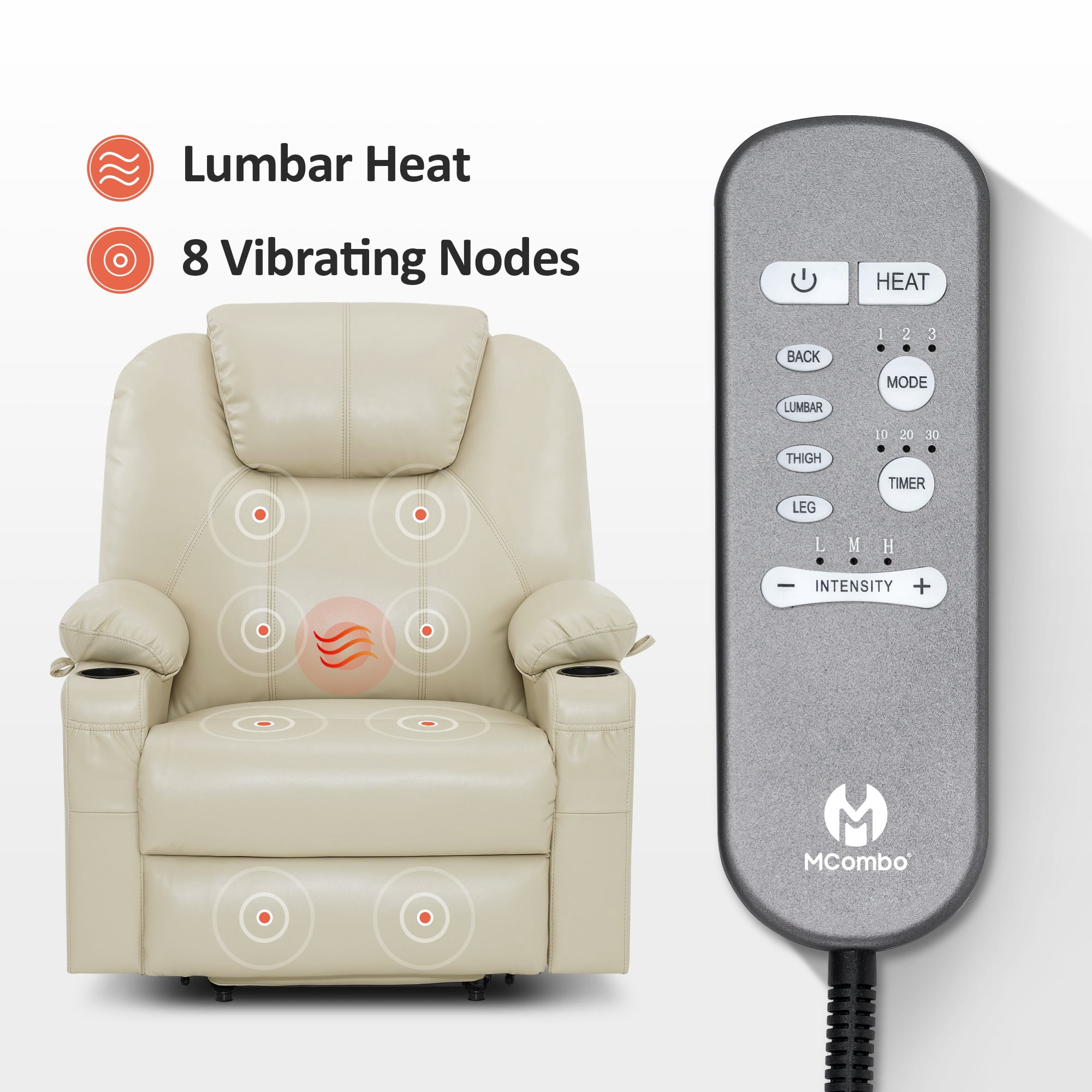 MCombo Large-Wide Power Lift Recliner Chair Sofa with Massage and Heat for Elderly People, Cup Holders, USB&Type C Ports, Side Pockets, Faux Leather (Cream White, Large-Wide)
